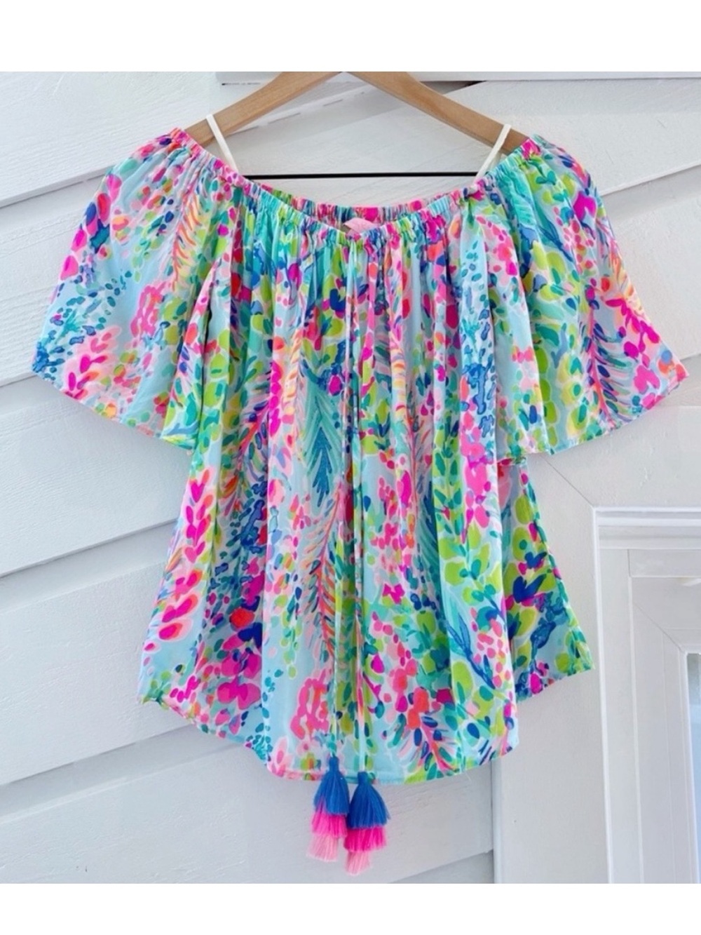 Lilly Pulitzer Sain Top Catch the Wave Off Shoulder Tassel Blouse XS